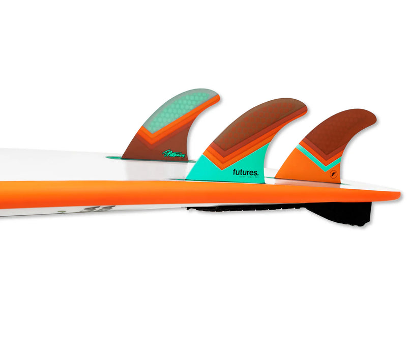 Load image into Gallery viewer, Futures Fins TP1 Honeycomb V Teal/Orange/Brown Tri Fin Set