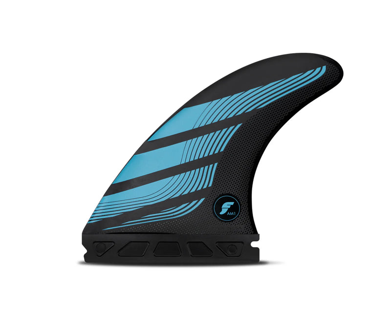 Load image into Gallery viewer, Futures Fins AM1 Alpha Medium Carbon/Blue Tri Fin Set