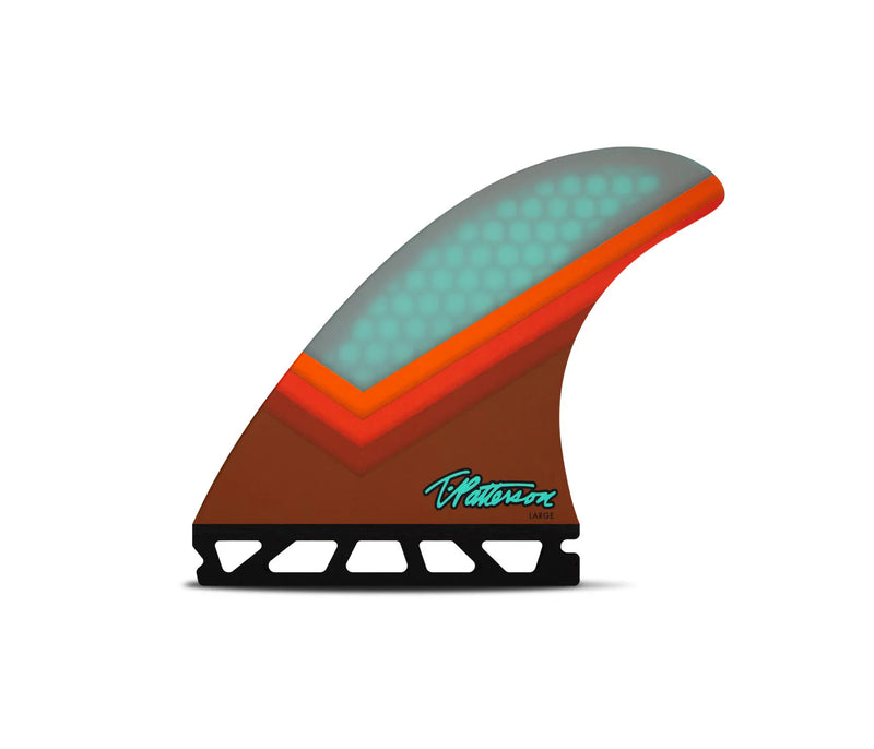 Load image into Gallery viewer, Futures Fins TP1 Honeycomb V Teal/Orange/Brown Tri Fin Set