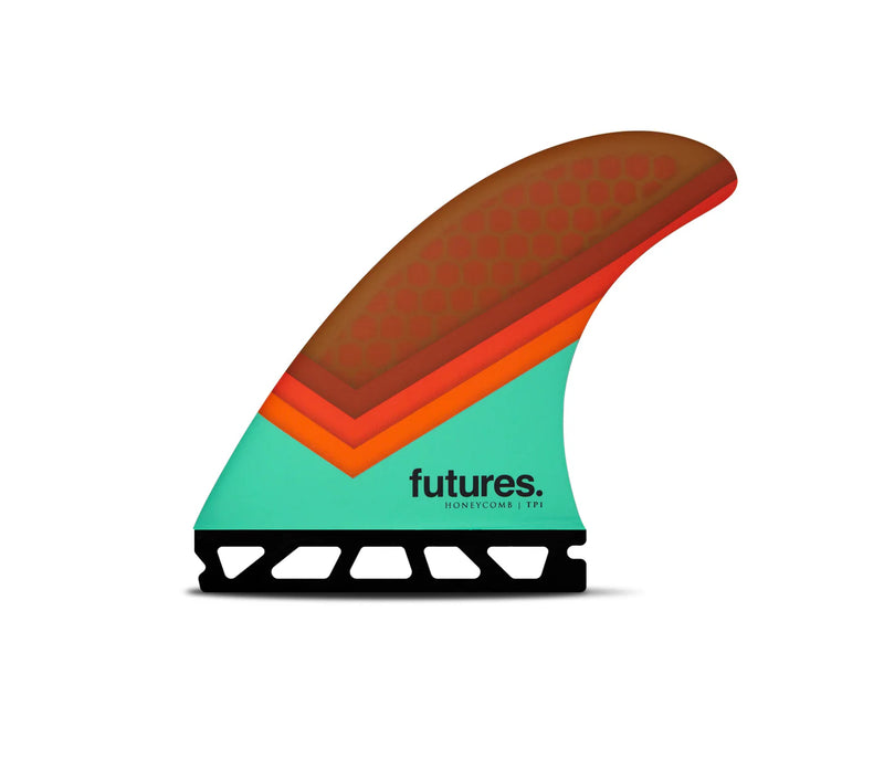 Load image into Gallery viewer, Futures Fins TP1 Honeycomb V Teal/Orange/Brown Tri Fin Set