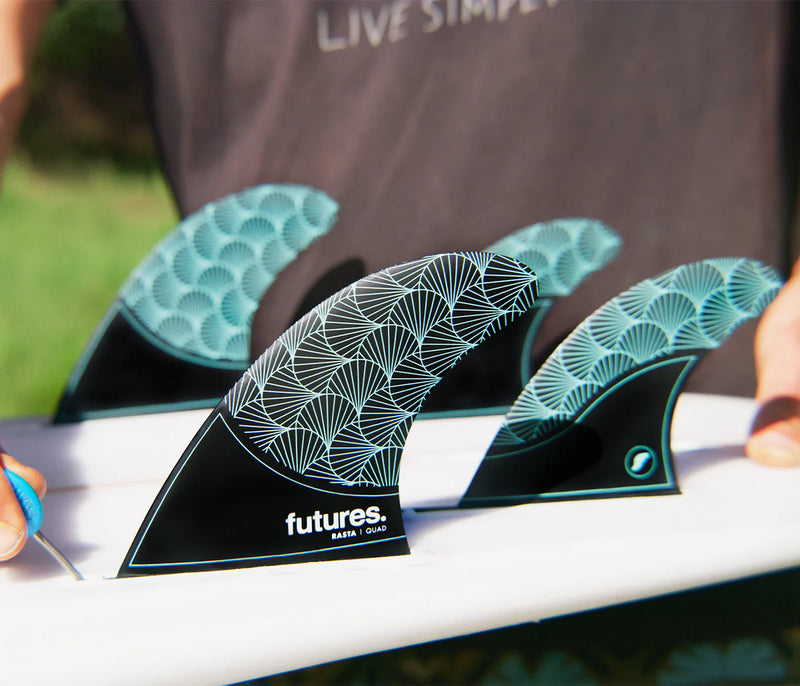 Load image into Gallery viewer, Futures Fins Rasta Honeycomb Quad Black/Teal Fin Set