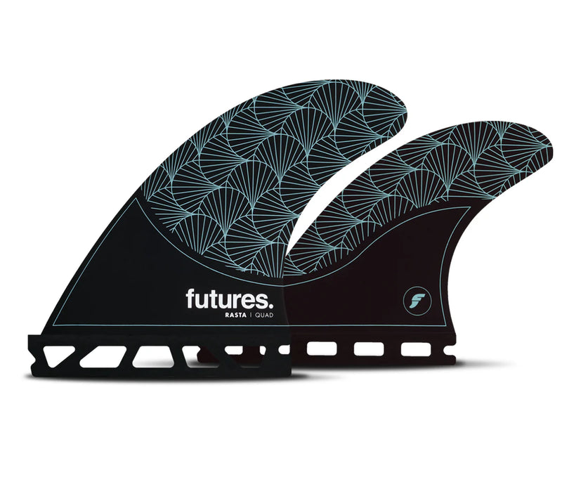 Load image into Gallery viewer, Futures Fins Rasta Honeycomb Quad Black/Teal Fin Set