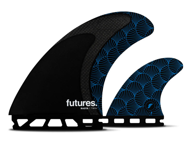 Load image into Gallery viewer, Futures Fins Rasta Honeycomb/Carbon Twin +1 Black/Blue Fin Set