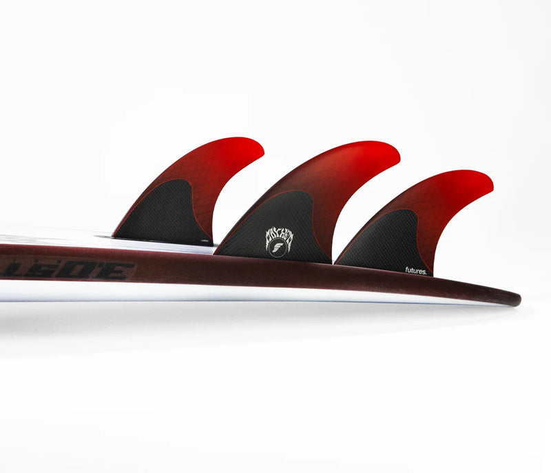 Load image into Gallery viewer, Futures Fins Mayhem 3.0 Thruster Honeycomb/Carbon Large Red Surf Fin Set
