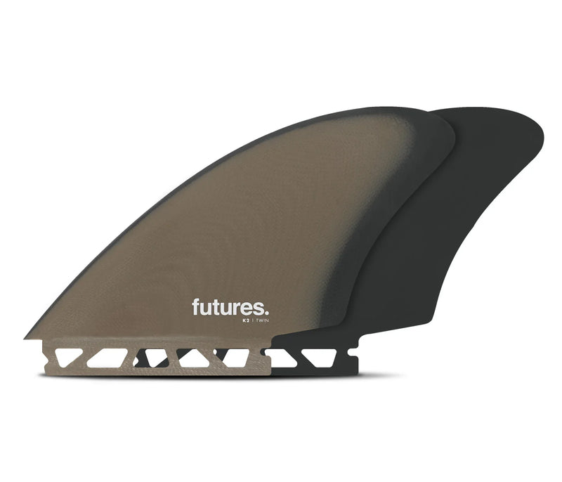 Load image into Gallery viewer, Futures Fins K2 Fiberglass Keel Twin Fin Set Brown/Grey
